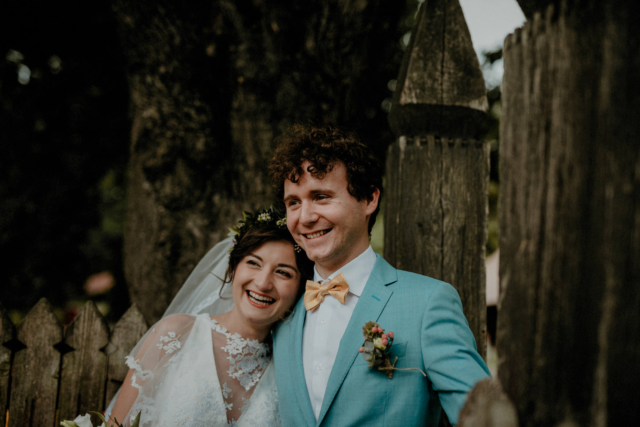 colourful wedding with happy bride and groom