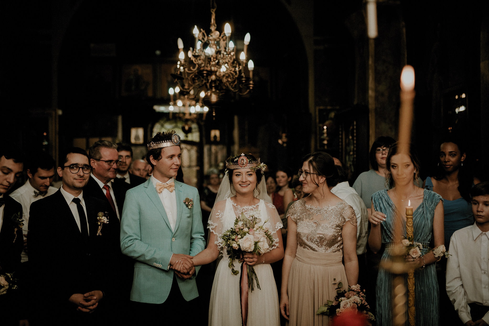 colourful wedding outfits inside an orthodox church