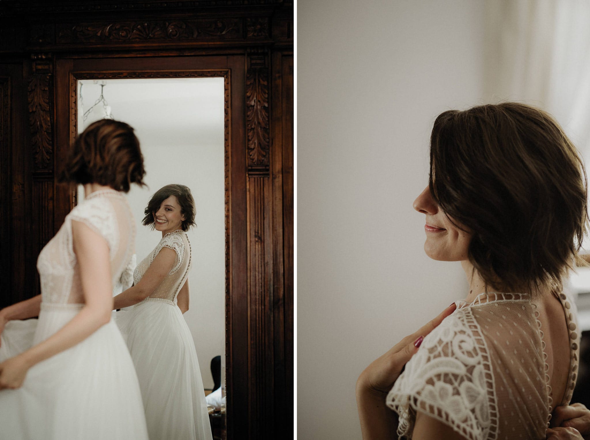 bride looking in the mirror wearing her traditional wedding dress
