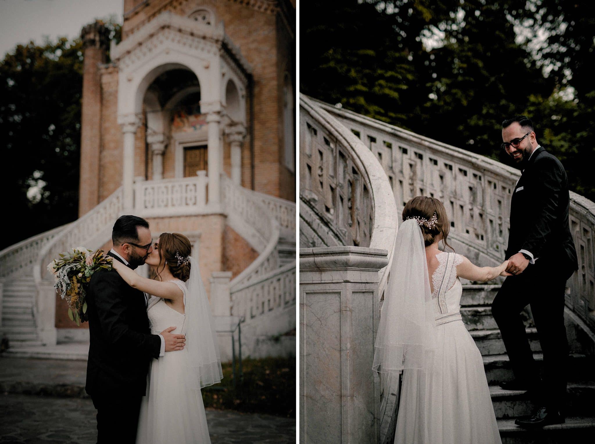 elegant architectural details as a background to the bride and groom's kiss