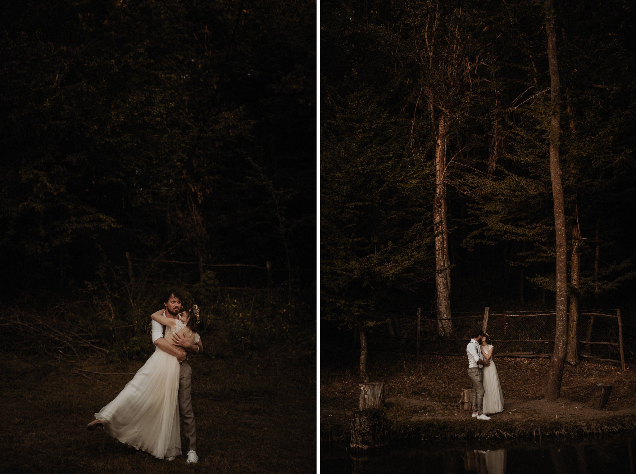 wedding couple hugging and kissing in the middle of nature