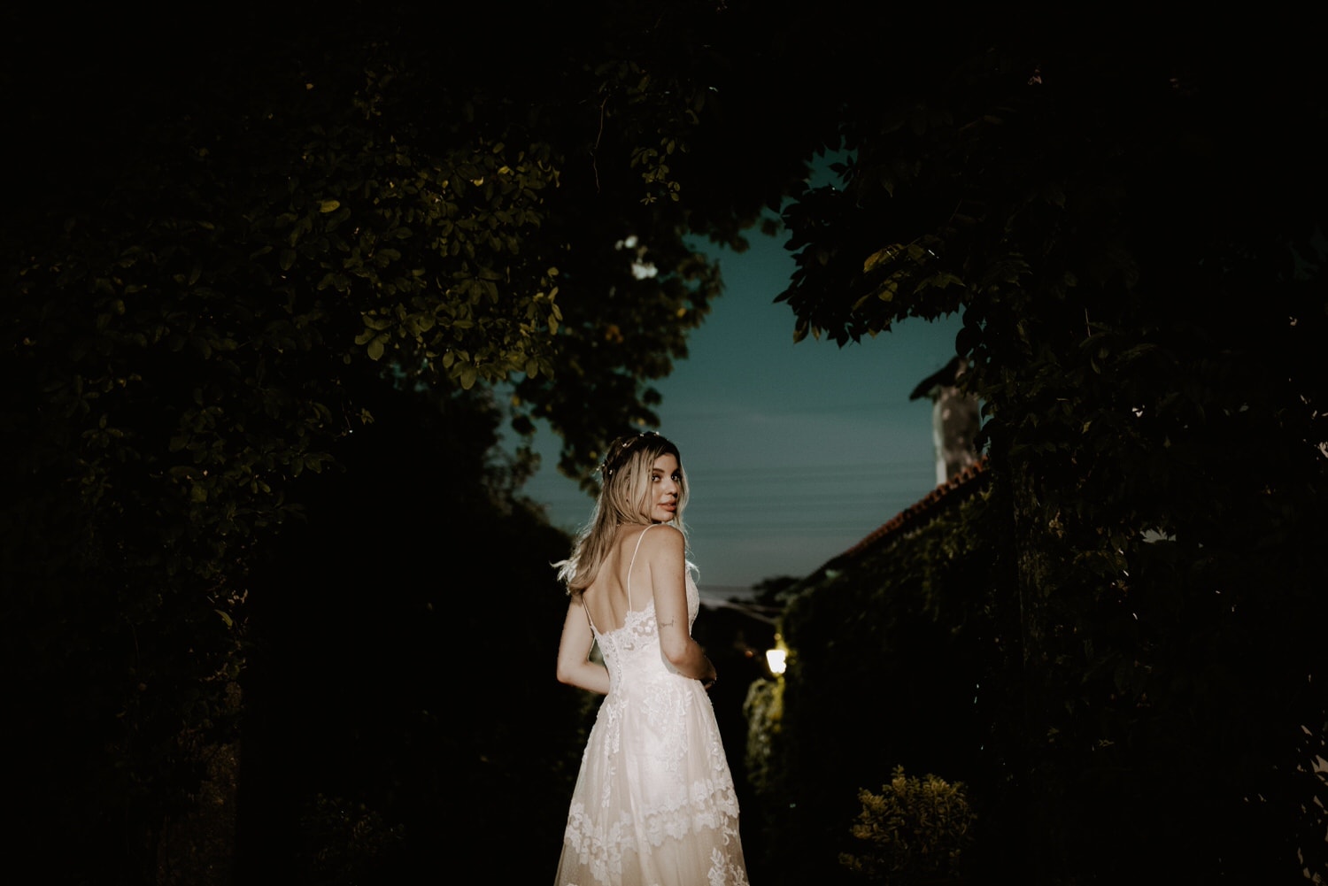 evening portrait of a bride during her small wedding