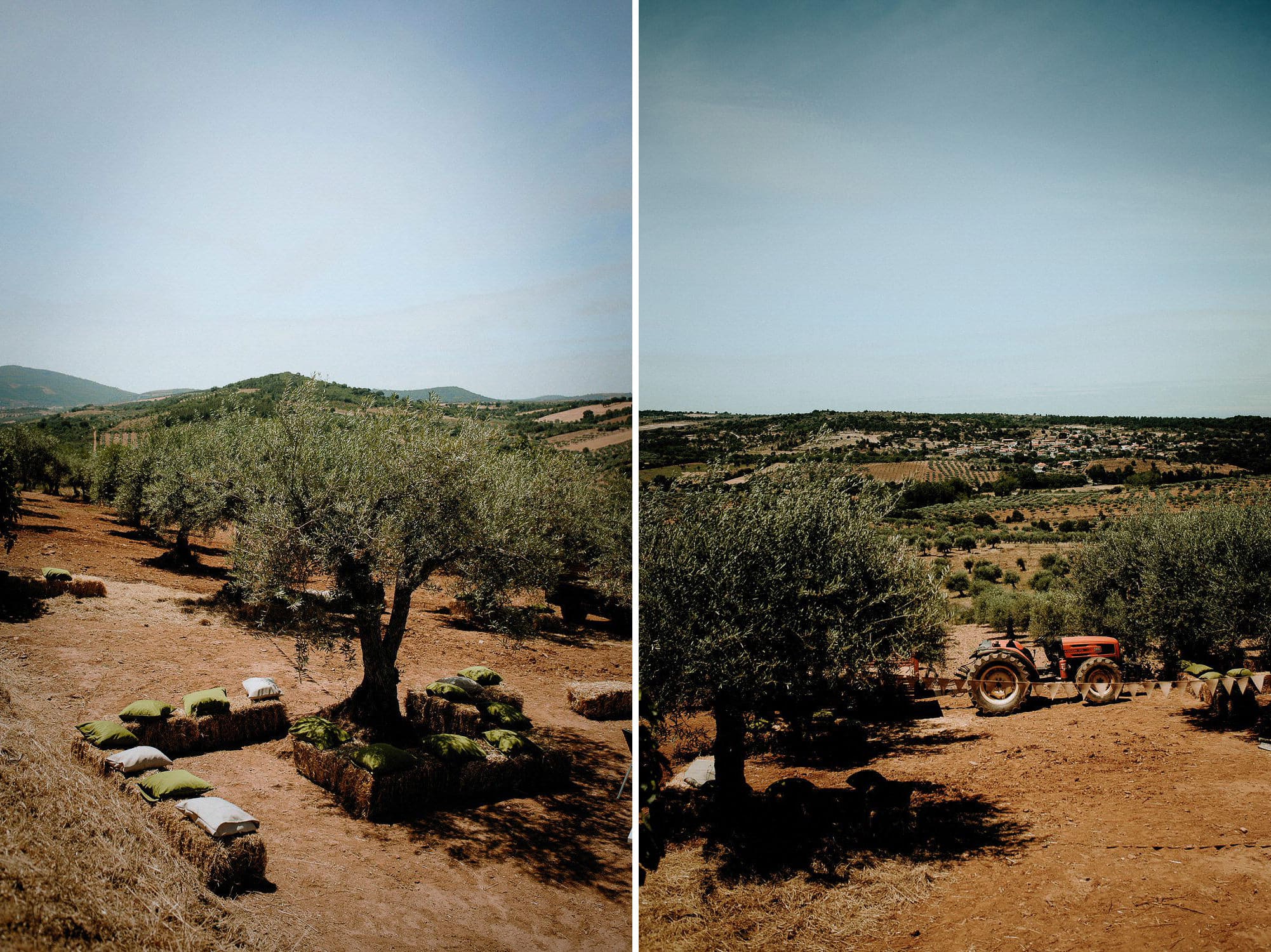 Charming Destination Wedding in the Portuguese Countryside - rustic diy wedding decorations with hay bales and red tractor