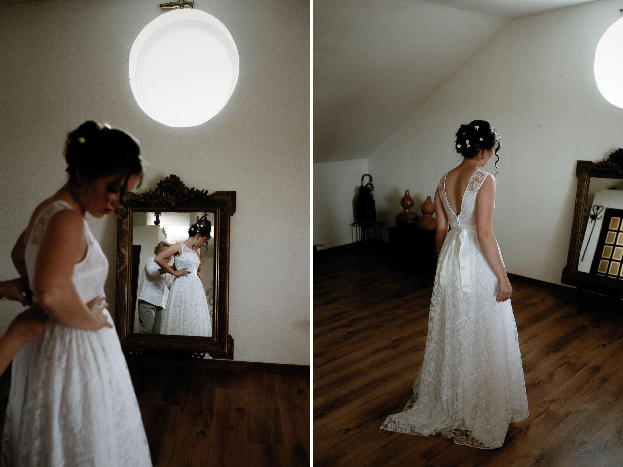 Charming Destination Wedding in the Portuguese Countryside - bride putting on her mother's wedding dress