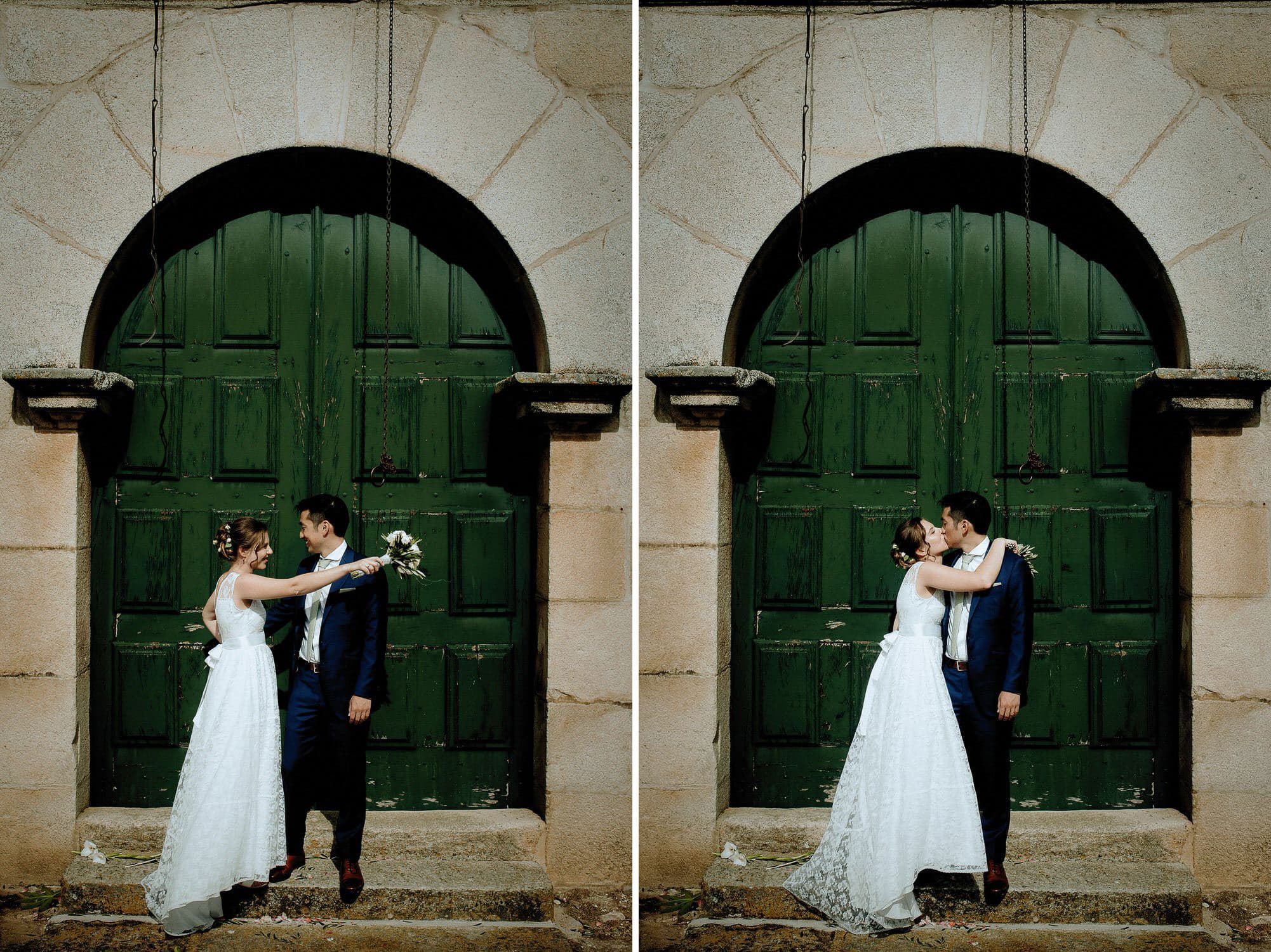 Charming Destination Wedding in the Portuguese Countryside - bride and groom sharing a kiss on the doorsteps of the church